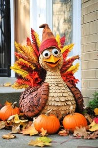 Meet your new porch buddy: a dapper turkey rocking autumn vibes with vivid feathers and a jaunty hat, chilling among pumpkins and leaves. Thanksgiving level: expert.