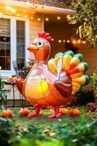 Meet Mr. Inflatable Turkey, ready to carve up a storm with his fork and knife. He’s flanked by pumpkins and twinkling lights, bringing lawn glam to Thanksgiving!