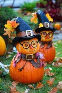 Meet your new fall besties: two pumpkin witches ready to charm your porch with their black hats, hip glasses, and autumn leaf entourage. Witch way to the fun?
