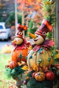 Ever seen two pumpkin scarecrows looking happier about fall than you do? Add cute hats and a forest of autumn leaves, you've got your porch's new BFFs.