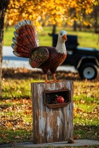 Okay, so there's this massive turkey statue perched on a wooden post, like it's auditioning for Autumn Mascot. Below? A random gourd chilling in a box.