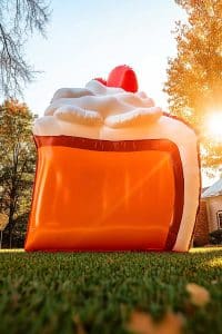 Behold, the inflatable pumpkin pie slice lounging on the lawn like a diva at sunset. Because who doesn't need giant dessert decor to make their neighbors jelly?