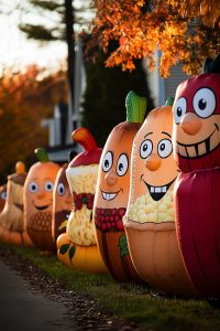 Imagine a parade of inflatable turkey pals grinning like they've had too much pumpkin pie, all ready to gobble up your sidewalk with autumn vibes.