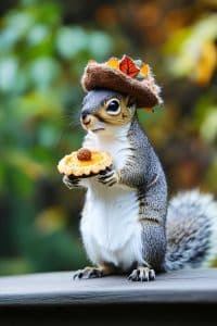 Meet Sir Nuttytail, the woodland fashion icon. He's rocking his leaf hat and enjoying a nutty pastry on a stylish wooden backdrop. Fancy joining him for brunch?