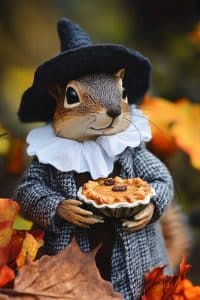 Alright, check this out: a squirrel rocking a witch hat like it's fall fashion week, clutching a tiny pie. Surrounded by autumn leaves, because duh.