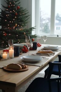 A holiday dining table dressed for a party - candles, bread, wine glasses, and a Christmas tree ready to photobomb your dinner selfies.