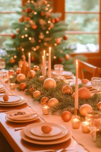 Feast your eyes on this holiday wonderland: a dining table decked out with candles, evergreen swag, and ornaments. Oh, and there's a Christmas tree lurking behind!