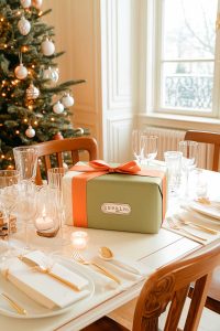 A holiday table setting so merry it might break into a carol. We've got a wrapped gift, an overachieving Christmas tree, and elegant glassware that’s way classier than us.