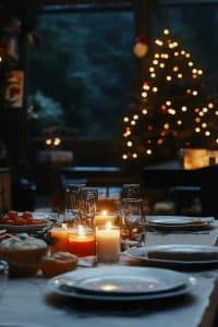 So, here's the deal: Festive table set up like it's auditioning for a holiday magazine. Candles? Check. Plates? Perfection. Background Christmas tree? Glowing like it’s showing off.