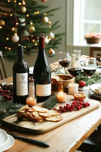 Feast your eyes on this: holiday table decked with wine, candles, bread, and cranberries. Plus, a Christmas tree trying to outshine your gourmet spread. Cheers!