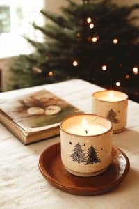 Two tree-adorned candles lighting up a cozy corner, flaunting their festive flair beside a book. Oh look, it's the Christmas tree trying to steal the spotlight again.