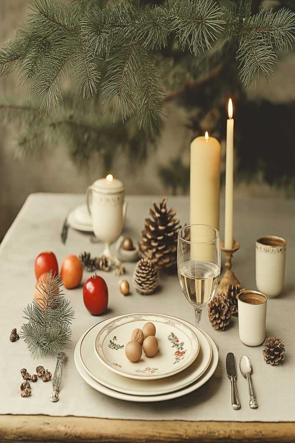 A festive table fit for a holiday feast: candles, pinecones, and fruits mingle with elegant dishes under a decked-out pine branch. It's like forest glam met Martha Stewart.