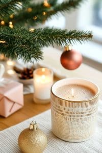 So, you’ve got this lit candle in a fancy holder chilling next to some Christmas tree bling, presents scattered like confetti, and another candle joining the party in the back.