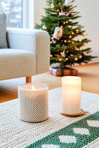 Candles doing their best to outshine a pretty impressive Christmas tree on a trendy rug. Cozy vibes so strong, we're almost in a holiday movie.
