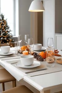 Get your home ready to impress! Think white dishes paired with pumpkins, pine cones, and candles. Plus, a Christmas tree twinkling in the background—festive and fancy!