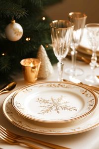 Imagine your dining table got an upscale holiday makeover: gold-trimmed plates, fancy glasses, shiny cutlery, twinkling candles, all while a fab Christmas tree watches over.