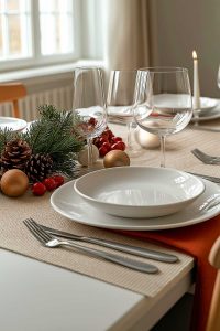 Alright, so we've got a holiday table here: white plates that scream 'I'm classy', wine glasses ready for the fun, pinecones because nature's still in style, and ornaments that say 'yes, I do decorate enough' all on a beige runner—a cozy neutral that's not too hard on the eyes.