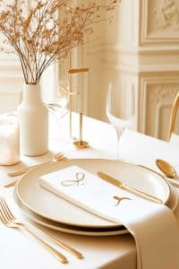 Got a fancy dinner date to impress? Go for this: classy white and gold tableware, a pretentious menu, artsy dried flowers in a vase, all on a pristine white tablecloth. Nailed it.