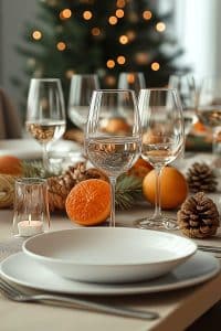 Got a festive table scene here—wine glasses, plates, pinecones, and oranges everywhere. Oh, and there's that obligatory Christmas tree trying to steal the spotlight.