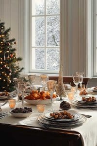 Check out this dining table all decked out for Christmas, with fancy dishware and a showy tree photobombing. Snowy windows included for that instant winter vibe!