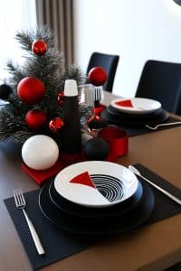 Get ready to impress with a holiday table that's as modern as it gets—think geometric plates, stylish black and red accents, and yep, a tiny festive tree for flair.