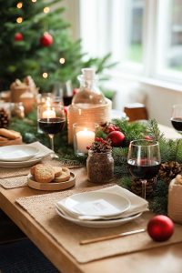 Alright, so you've got this festive table with candles, pine cones, wine glasses, and plates all cozied up with Christmas decor and greenery. Think Martha Stewart meets Santa's workshop.