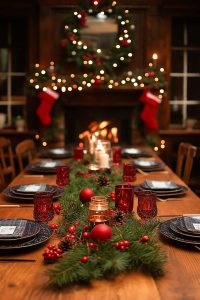 Alright, so you've got this festive table decked out in red and green—basically Santa's wardrobe exploded. Candles everywhere, plus a cozy fireplace. Nailed it!