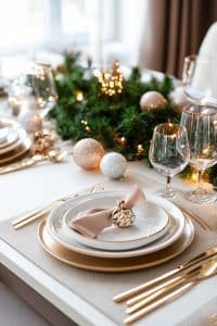 Think glitzy dinner vibes: gold and white plates flaunting their style, crystal glasses showing off, and napkins all dressed up for the party. It's holiday glam!