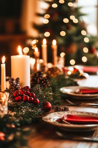 This festive table is a vibe with candles, pinecones, and red ornaments; it's basically Santa's dining room. And don't miss the glowing tree backdrop—perfect touch!
