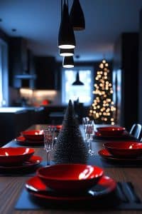 Check out this festive dining setup: red plates pop, a tiny tree holding court at the center, and a Christmas tree twinkling in the modern kitchen's background. Holiday magic!