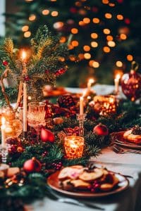 Okay, imagine your dinner table decked out like it just got an A+ in holiday cheer class—candles, greenery, ornaments. All while the Christmas tree takes credit with its sparkle show in the background.