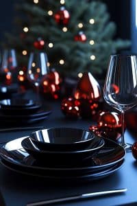 Alright, imagine your dining table got a holiday makeover — black dishes for that edgy vibe, snazzy red ornaments, and oh look, the Christmas tree photobombs in style.