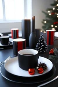 Get ready to impress: Sleek black and white dishware jazzed up with red pops, cozy candles, a festive pinecone centerpiece, and a tree that could out-decorate Santa.