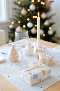 Alright, here’s the ultimate holiday table flex: a wine glass ready for action, gifts waiting to be unwrapped, and a festive tree twinkling in the background. Nailed it!