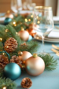Oh, fancy! An elegant holiday table decked out with pine cones, sparkly glass ornaments, and twinkling lights. Plus, some crystal glassware making everyone feel posh.