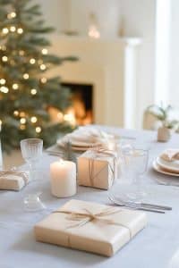 Alright, you've got an elegant holiday table festooned with wrapped gifts, sparkling glassware, and a candle doing its best to outshine the tree in the background. Quite the spread for showing off your festive flair!