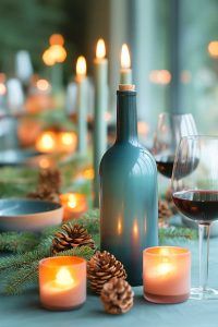 Holiday vibes alert! This table has candles, pinecones, and a green bottle trying to look fancy. Basically, it's Christmas threw up on your dining table, but in a cute way.
