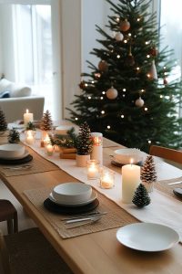 Alright, imagine your dining table had a minor identity crisis and decided it wanted to moonlight as a winter wonderland. Candles, mini pine trees for ambiance, and yes, pinecones—because why not? Throw in the Christmas tree chilling nearby like it's the VIP of holiday decor. Nailed it.