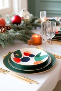 Behold, your dream dining table where green and white plates mingle with gold cutlery, pine sprigs pretend they’re ever-so-casually draped, candles try to steal the show, and ornaments are having their own little holiday party. Ready for compliments?