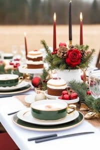 Alright, so we've got a holiday table that's basically Martha Stewart meets Pinterest. Candles, greenery, red roses—oh my! And those cute cakes with green dinnerware on a white tablecloth? You might actually dine rather than devour chips in front of Netflix.