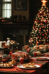 Alright, you've got a festive dining table that looks like it's ready to host Santa's VIPs, complete with holiday dishes sitting pretty and drinks just begging for a toast. All this magic happening under the gentle glow of a Christmas tree twinkling in the background. Honestly, your living room feels like it stepped out of a holiday rom-com!