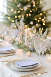 Alright, so here's the deal: an elegant holiday table setup with candles and glassware trying to one-up the ridiculously festive Christmas tree in the background. Happy now?