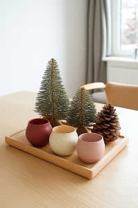 Here's the situation: three cute ceramic cups, two baby pine trees, and a pine cone are living their best life on a wooden tray atop your table. Peak cozy vibes!