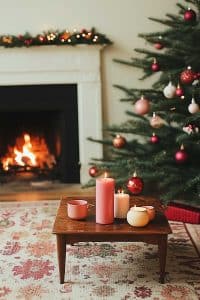 Alright, so imagine a snug living room where Santa's clearly marking his territory—there's a fireplace roaring, a tree decked out for Christmas, and candles flirting on a tiny wooden table in front.