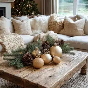 Meet the coffee table that thinks it's auditioning for a country Christmas catalog, complete with pinecones, gold baubles, and enough greenery to make your couch jealous. The twinkling tree in the back? It’s just here to remind you this setup belongs on a holiday Pinterest board.