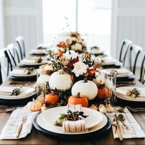 Okay, so here's the dream Thanksgiving table: pumpkins mingling with flowers, candles flickering—basically, Pinterest perfection but in real life.
