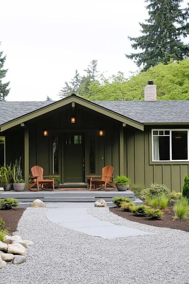 Behold the trendy green house, flaunting its gravel catwalk and eco-chic wooden thrones, all wrapped in a cozy blanket of nature's finest greenery.