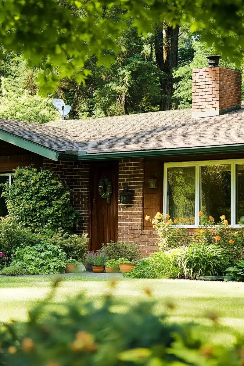 Ah, the timeless brick house with windows so big you can practically spy on the squirrels; throw in a dreamy chimney and nature's green carpet for flair.