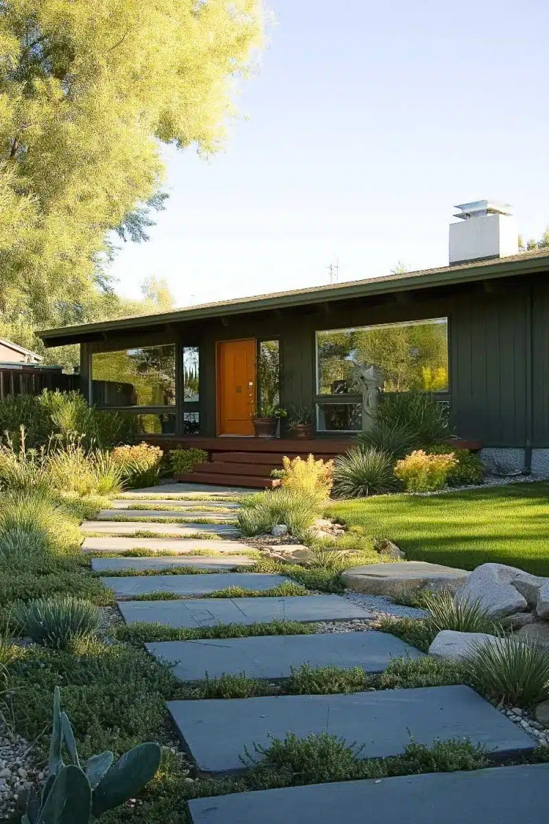 This house flaunts huge windows like sunglasses for its wooden door face, and a garden with desert plants thinking it's on a tropical vacation.