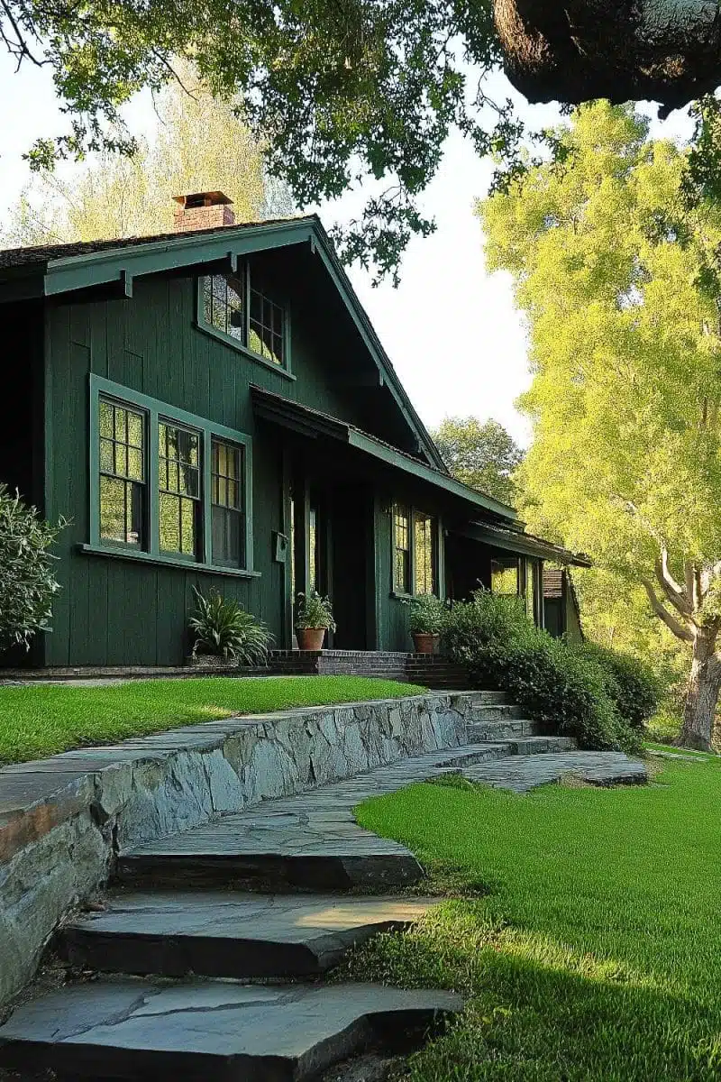 Check out this charming green wooden house embracing the great outdoors with its epic windows. Stone path and lush greenery included for full-on fairy tale vibes.